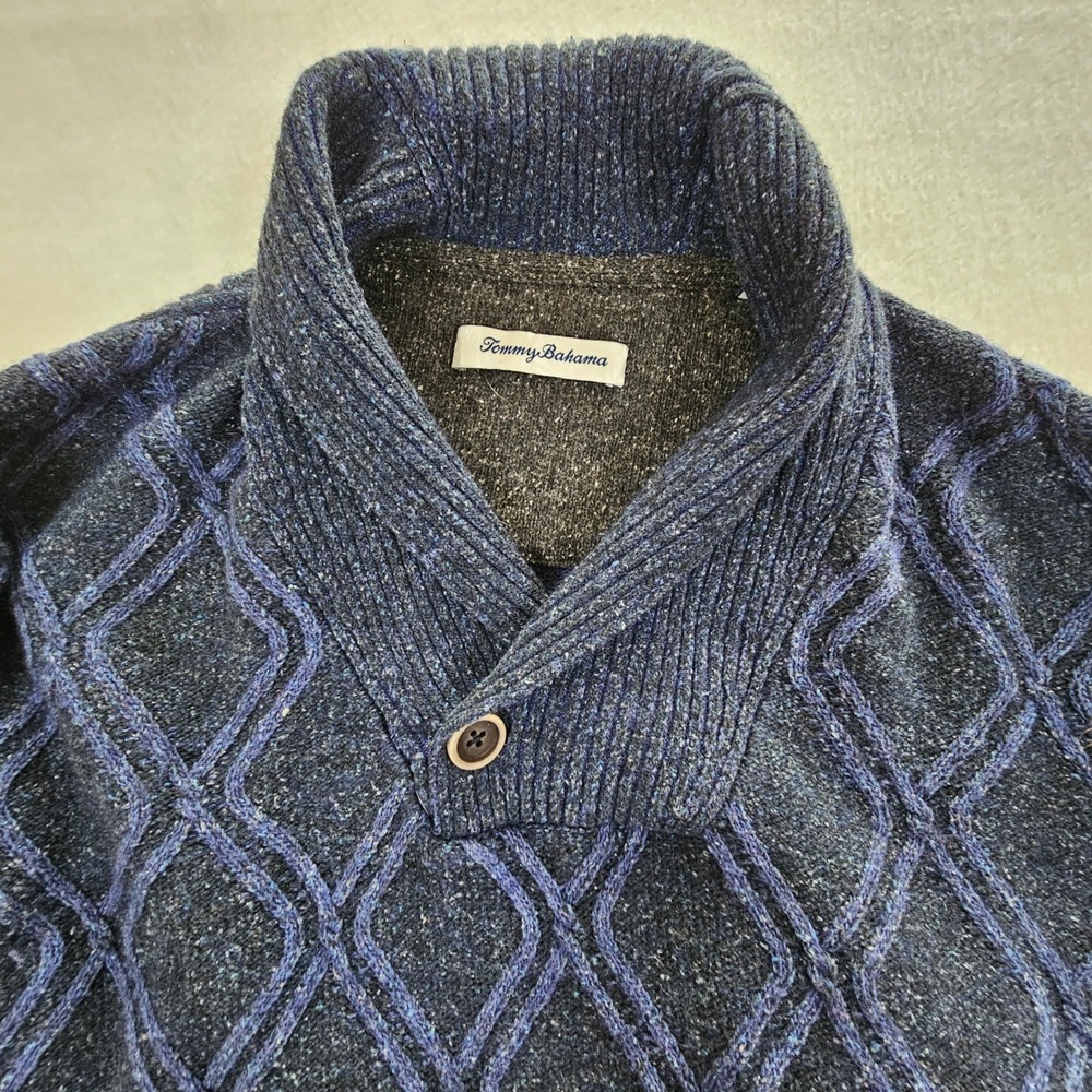 Tommy Bahama Mens XL Shawl Collar Sweater Navy Blue Wool Silk Diamond Cable Knit